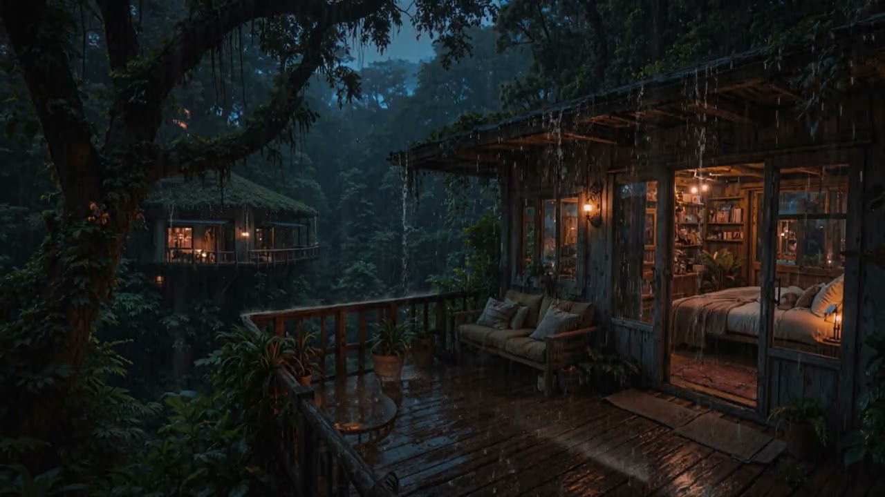 Soft Rain Echoing Through the Forest Around a Warm Cabin 🌧️ | Relax & Rest
