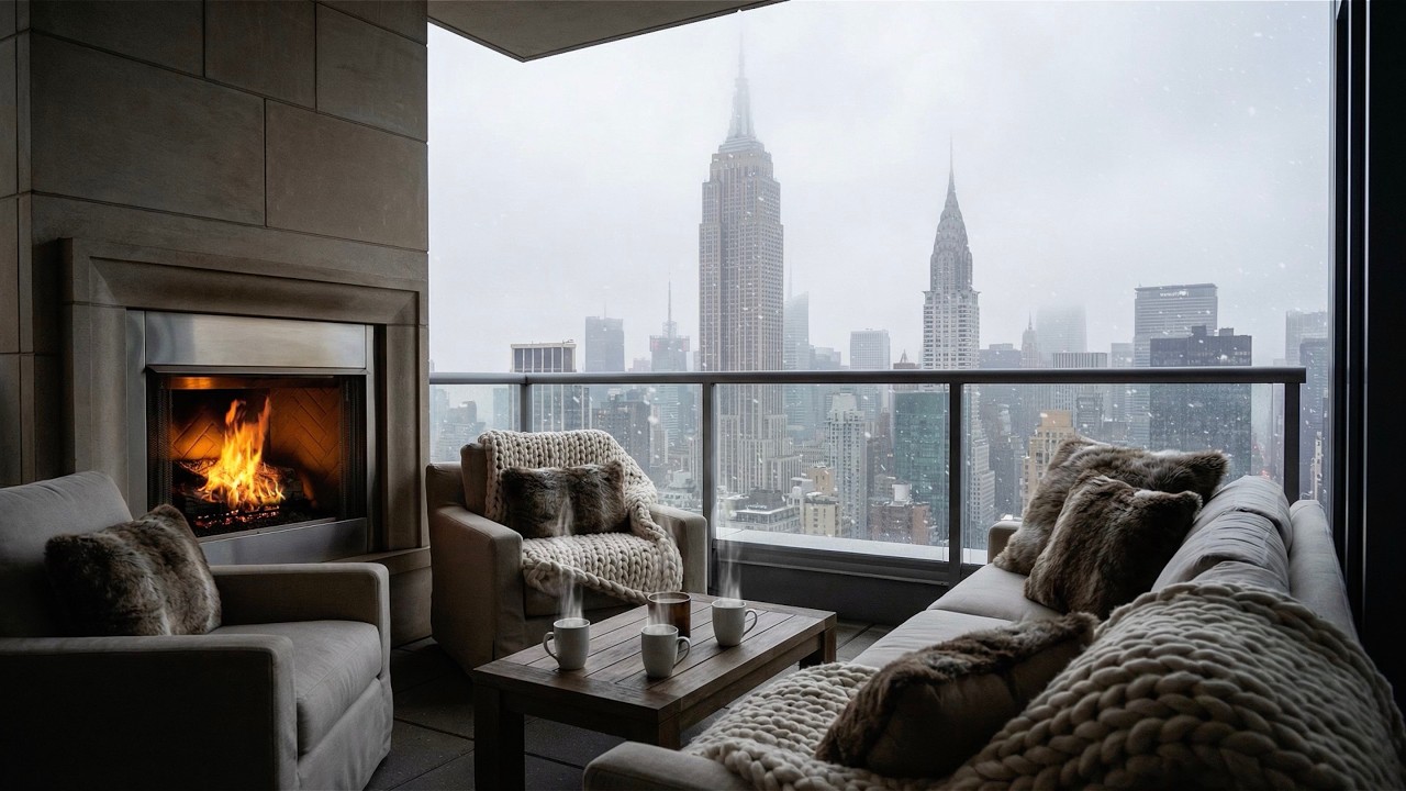 Start Your Day At New York City Winter Morning Balcony Ambience 😌☕️❄️ (Fireplace Sound)