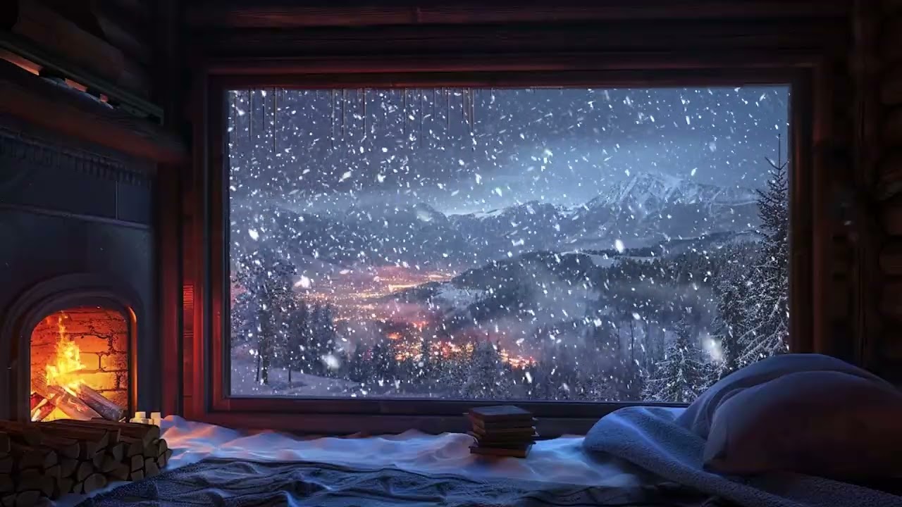Cozy Winter Cabin ❄️ Fireplace Crackling & Falling Snow Sounds for Deep Sleep