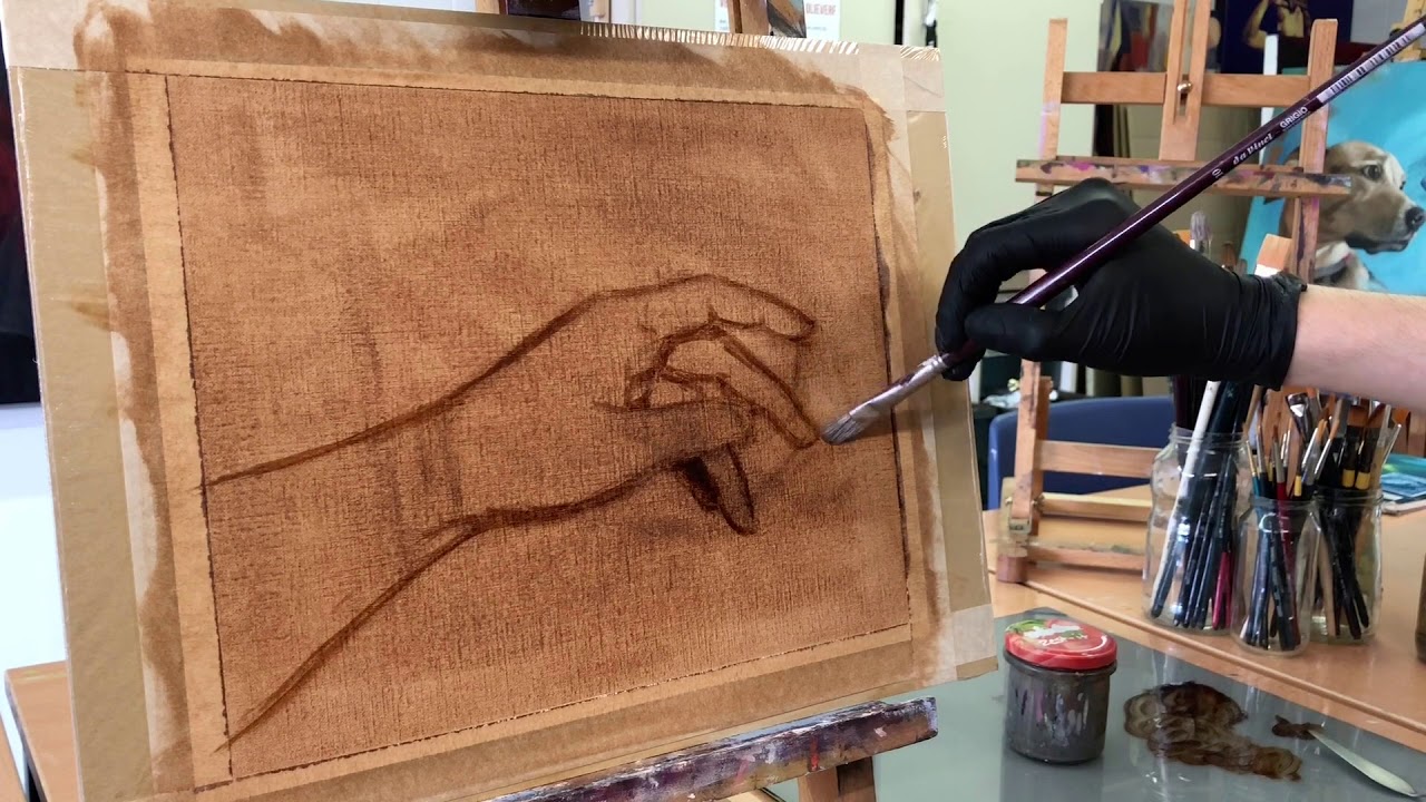 Een hand schilderen in olieverf (materialen onder de video)