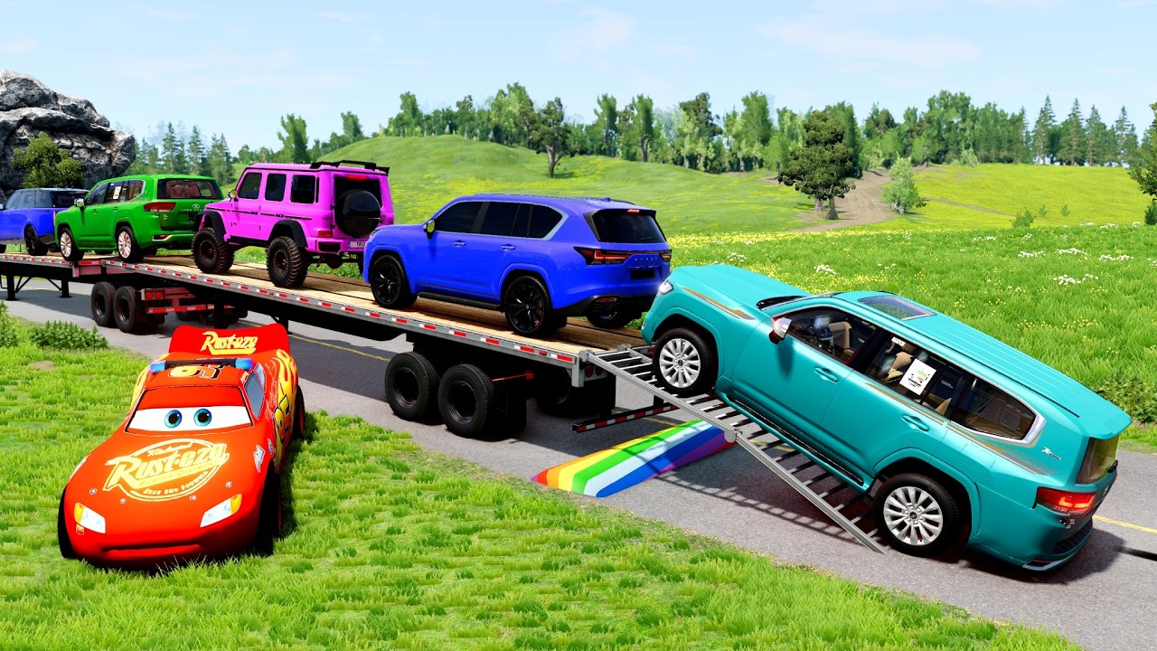Flatbed Truck McQueen | Transportation with Truck - Pothole vs Car #33 | BeamNG.Drive Gameplay