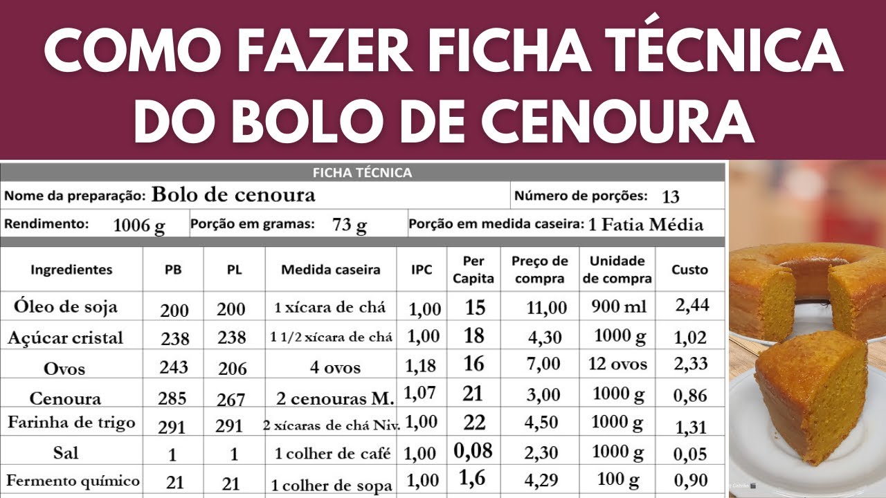 COMO FAZER FICHA TÉCNICA DO BOLO ... CALCULAR PORÇÃO, PER CAPITA, CUSTO TOTAL, FATOR DE CORREÇÃO