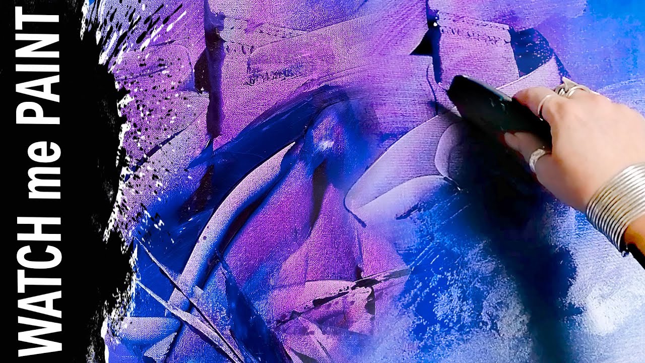 Abstract acrylicpainting demo - powerful violet using catalyst, knife and paintbrush