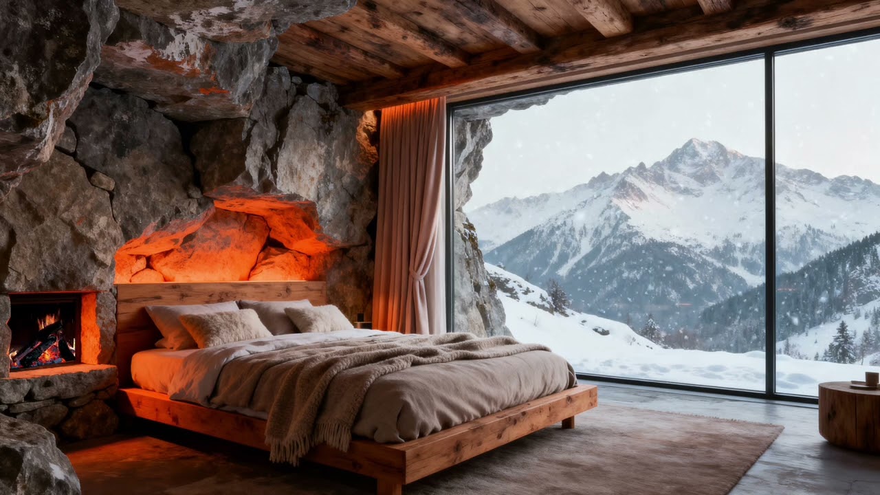 Scandinavian Mountain Bedroom Carved in Rock 🔥 Cozy Fireplace Ambience & 4 Hours Relaxing video
