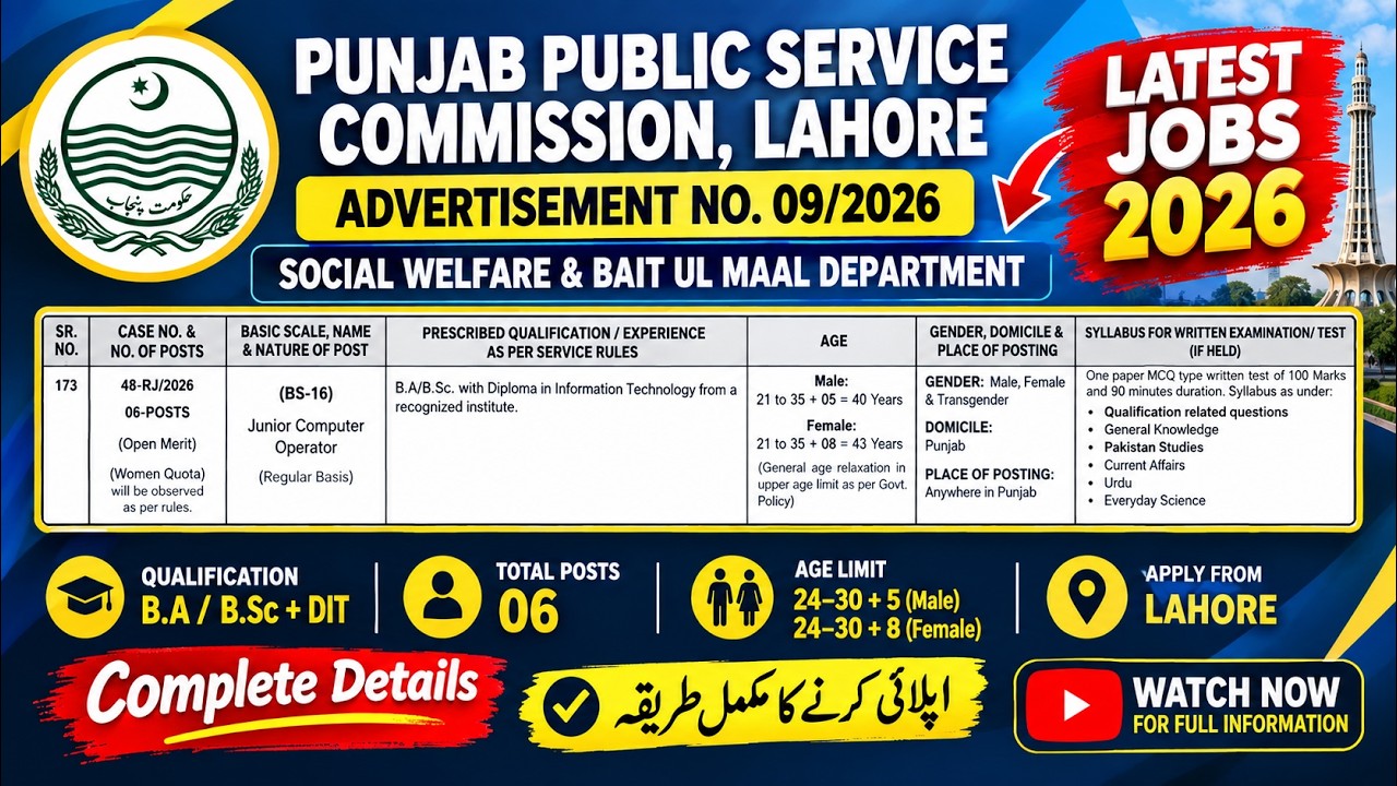 PPSC Jobs 2026 | PPSC Advertisement No. 09/2026 | Junior Computer Operator Jobs | Apply Now