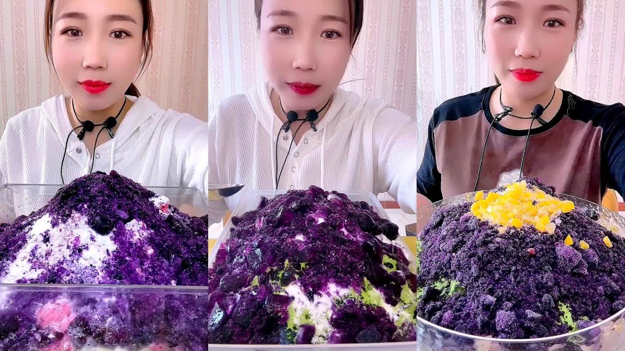 ASMR QIAN SOLO PURPLE CRUSHED ICE EATING WITH SHAVED ICE WITH MATCHA AND MILK POWDER