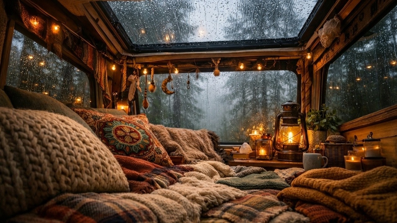 Safe & Warm in a Rainy Forest Van 😴 Artistic ASMR with Crackling Lanterns
