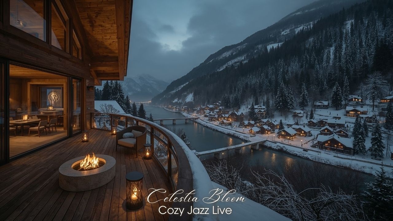 Cozy Winter Jazz LIVE 24/7 ❄️🔥 | Fireplace Jazz, Riverside Chalet & Calm Night Ambience