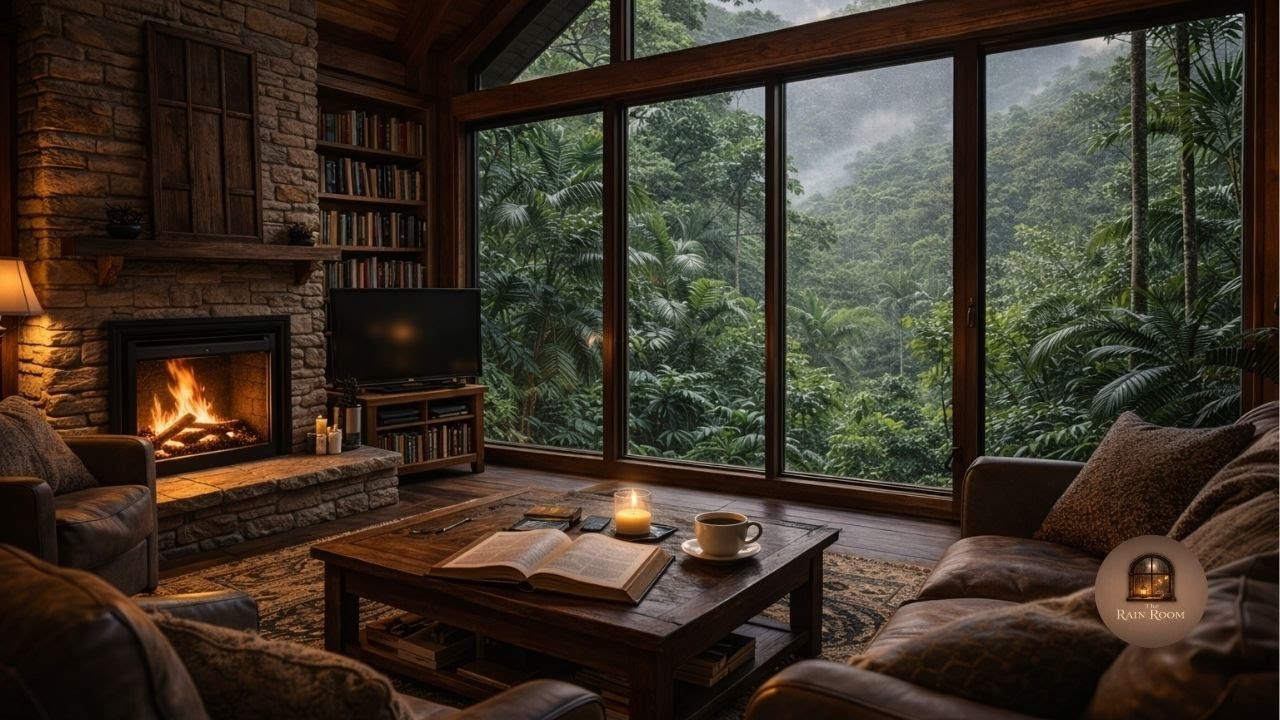 Cozy Tropical Cabin Ambience 🌿 Fireplace Sounds & Exotic Relaxing Music for Relaxation (2 Hours)