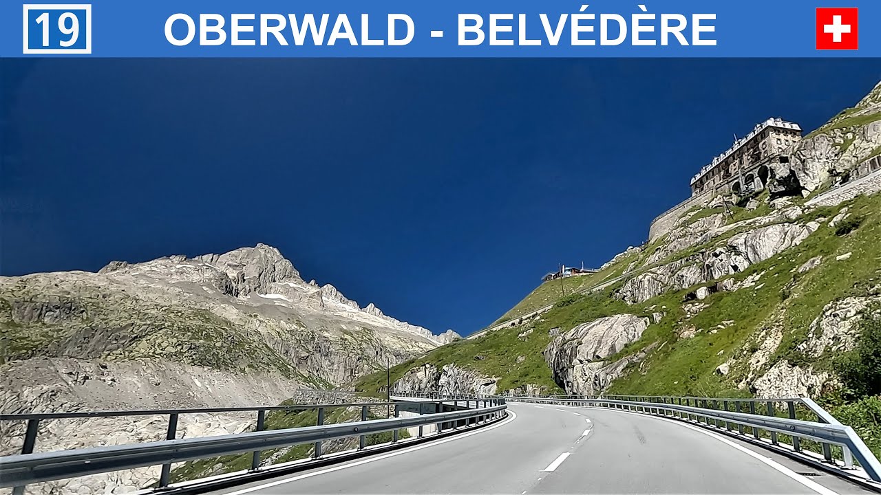 Driving in Switzerland. Furkastrasse from Oberwald to Belvédère (Rhône Glacier). 4K