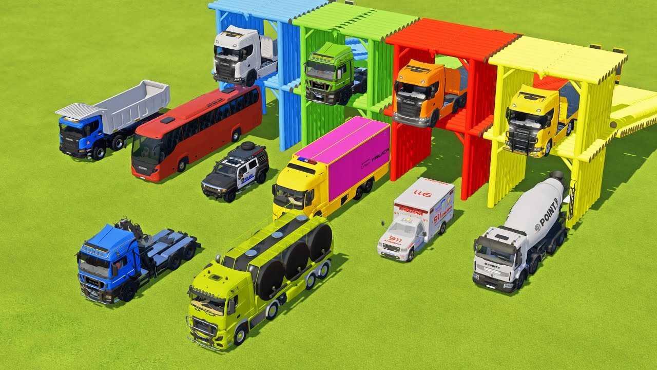 TRANSPORTING MERCEDES MINI BUS, VOLKSWAGEN POLICE, FORD POLICE, MERCEDES FIRE TRUCK TO GARAGE | FS22