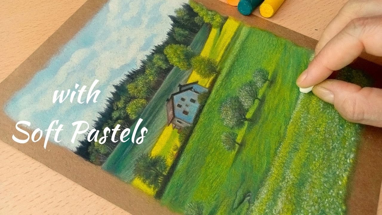 Green Field Scenery Drawing with Soft Pastels