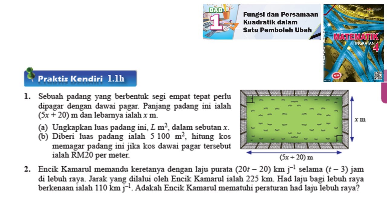 KSSM Matematik Tingkatan 4 Bab 1 praktis kendiri 1.1h no1-2 Fungsi dan persamaan kuadratik dalam