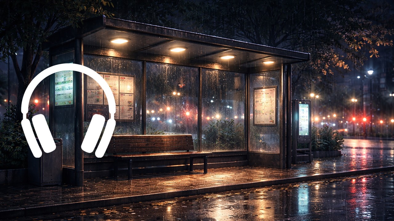 Lo-Fi Jazz 4 Hours 🌧 Rainy Night Bus Stop Ambience for Relaxation, Reading and Focus