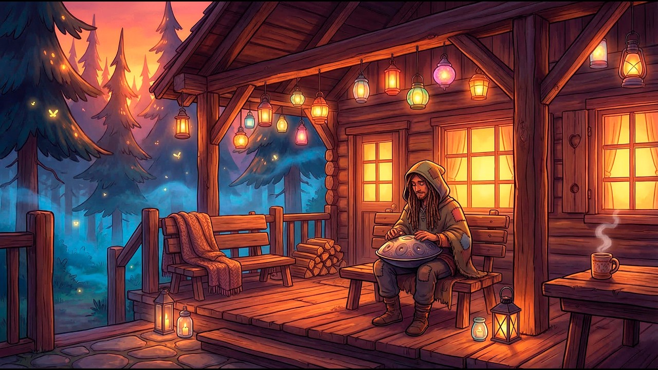 Handpan on Cozy Cabin Terrace 🏡 Lantern Lights & Peaceful Forest Music 🌲