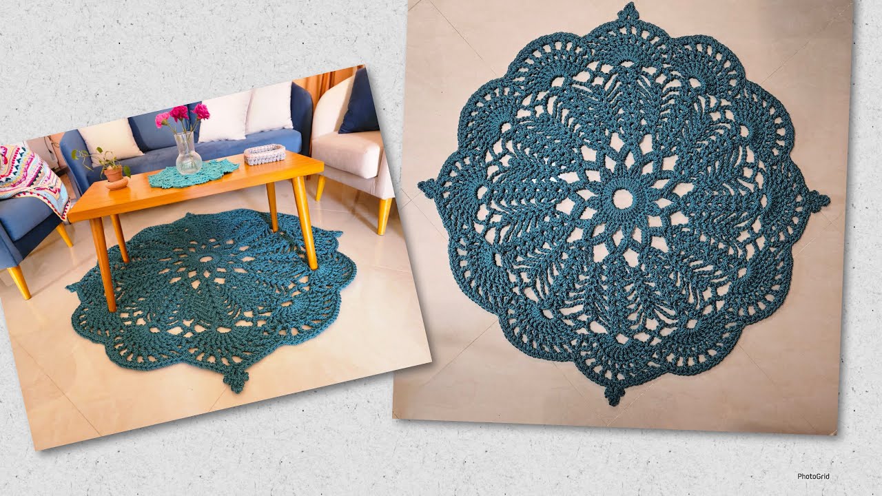 سجاده مميزه (قابله للتكبير ) بخيط المكرميه السميك crochet rug الجزء التاني