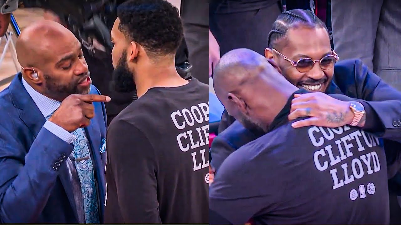 VC’s Intense Talk With KAT, Melo Congratulates Bron On All-Star Selection 🌟