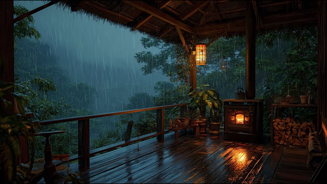 Forest Porch Ambience on a Rainy Day: Rain and Fireplace Sounds for Your Deep Sleep, Calm Your Mind