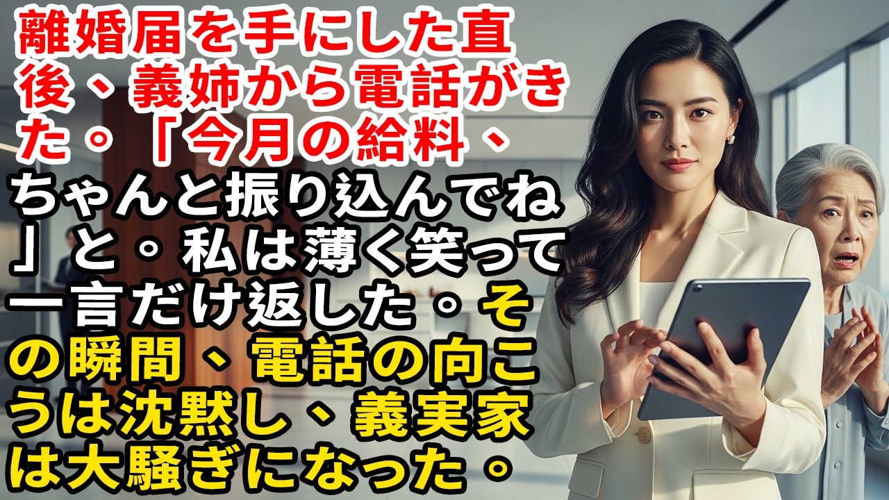 離婚届を手にした直後、義姉から電話がきた。「今月の給料、ちゃんと振り込んでね」と。私は薄く笑って一言だけ返した。その瞬間、電話の向こうは沈黙し、義実家は大騒ぎになった。
