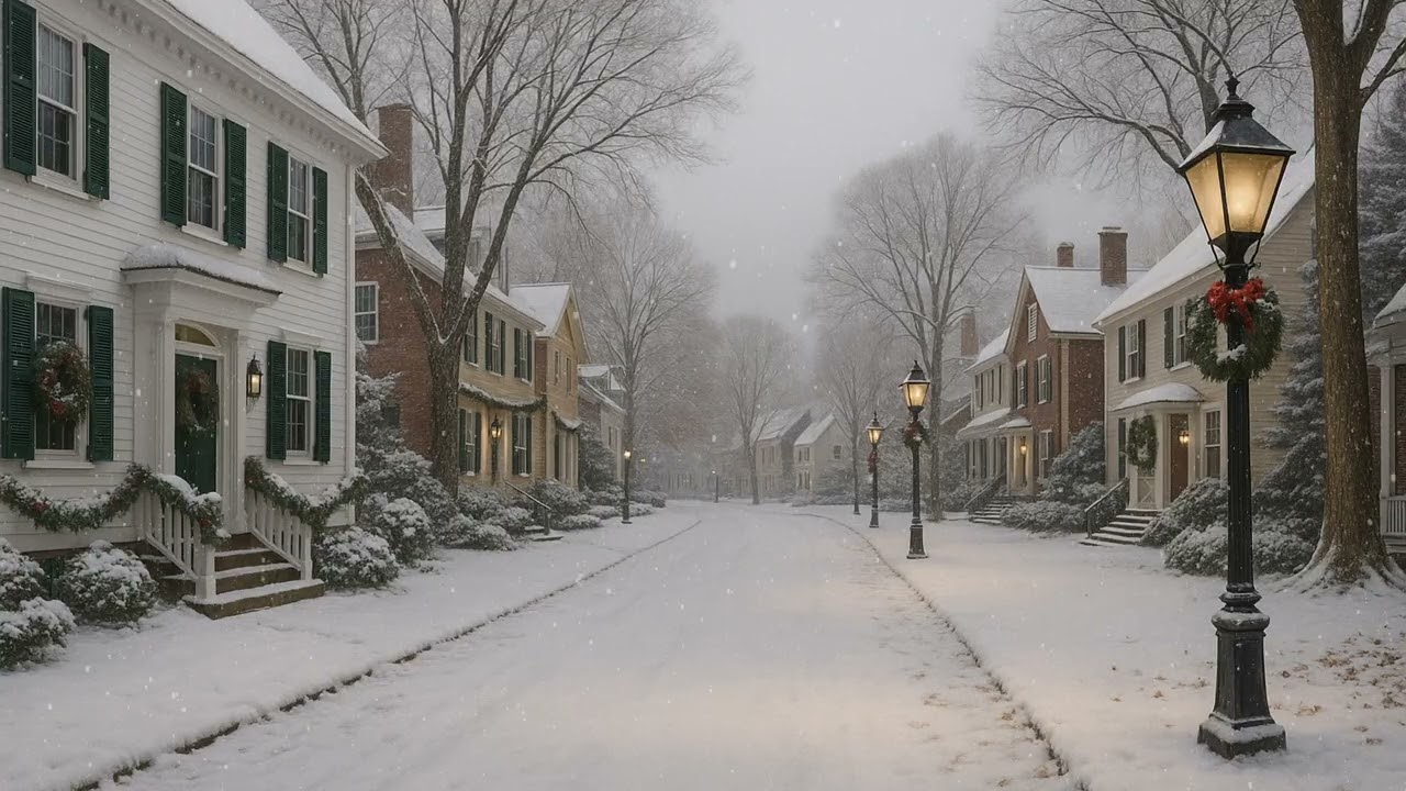 🌨️ Quiet New England Winter Neighborhood | Cozy Snowy Street Ambience & Warm Lights