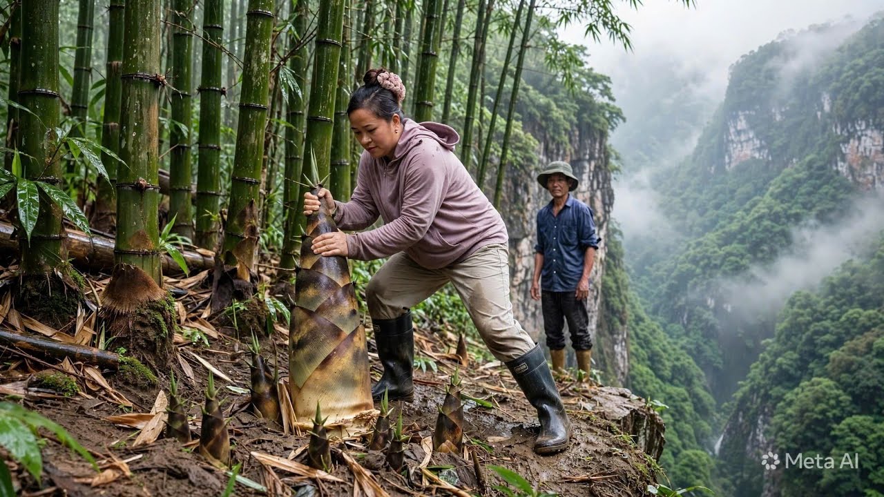 Father and Child Harvest Giant Fresh Bamboo Shoots to Sell at the Market & Cook