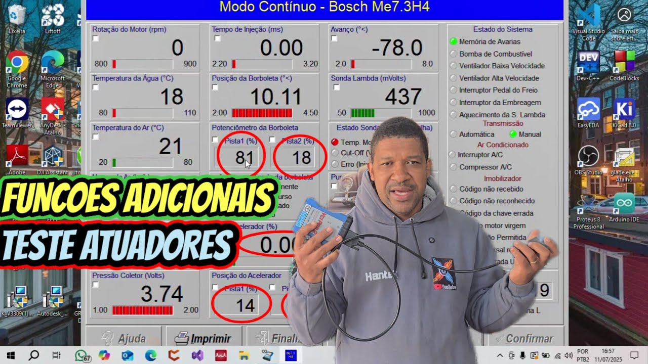 Funções adicionais e teste atuadores na tela do scanner napro Treinamento 