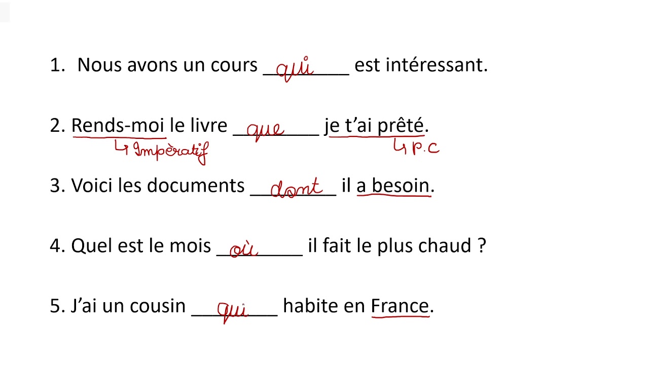 Les Pronoms Relatifs Simples Practice questions