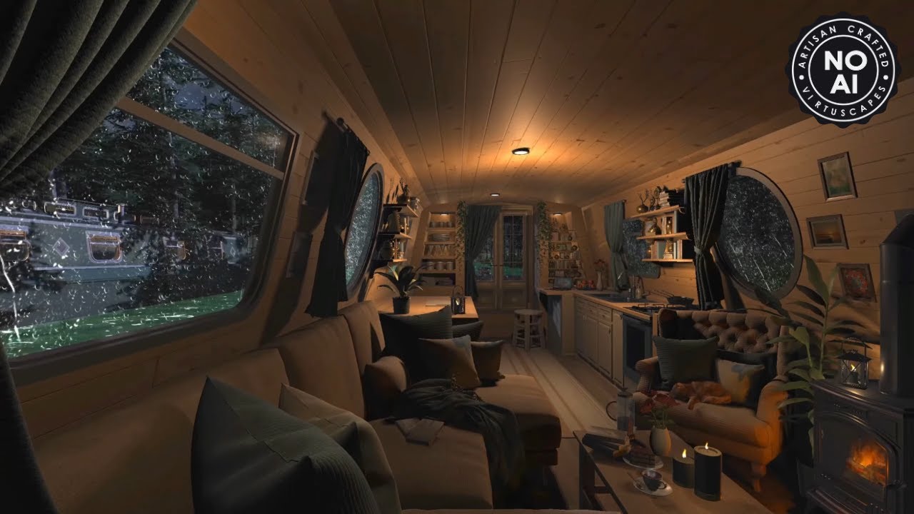 Rainy Narrow Boat | Night Ambience | Cozy Log Burner, Wind, Rain & Thunderstorm Sounds