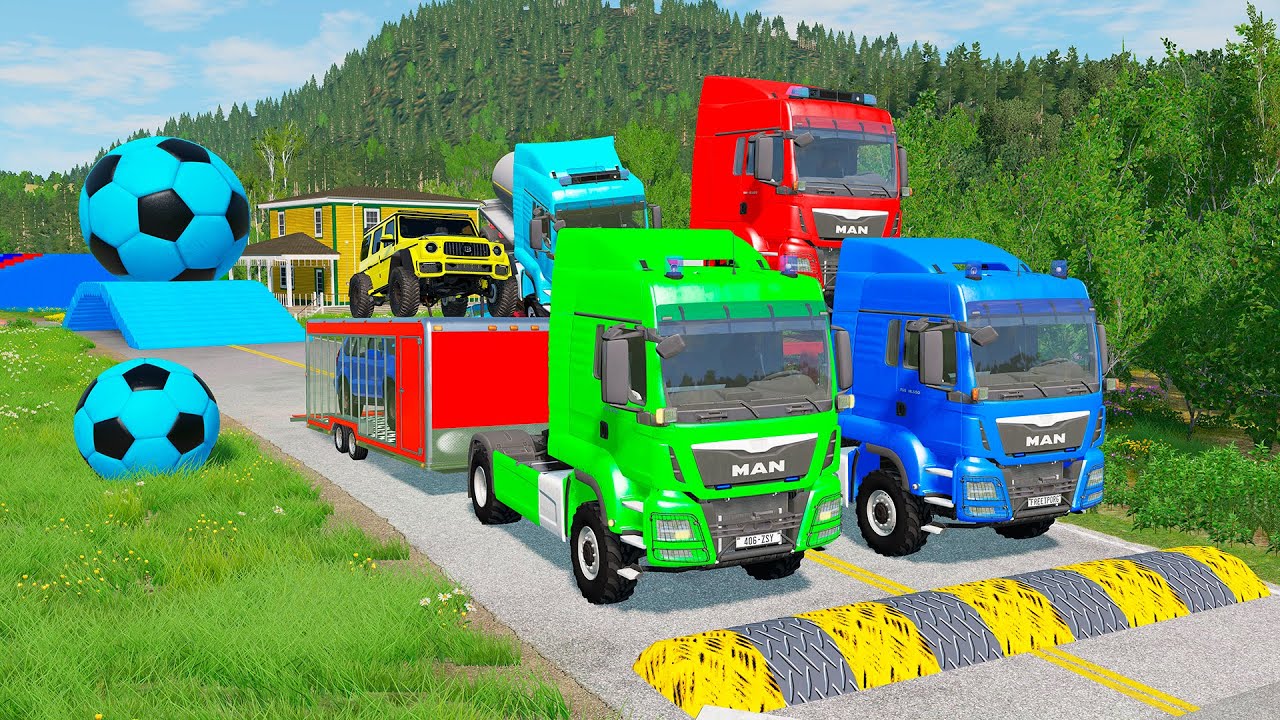 Double Flatbed Trailer Truck vs Speedbumps Train vs Cars | Tractor vs Train Beamng.Drive 0131
