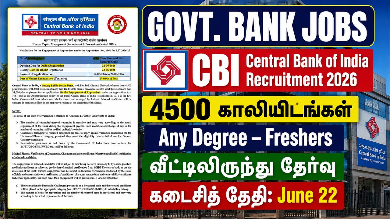 CBI BANK Recruitment 2026 | 4500 Vacancies | Any Degree | வீட்டிலிருந்தே Exam | Last Date June 22