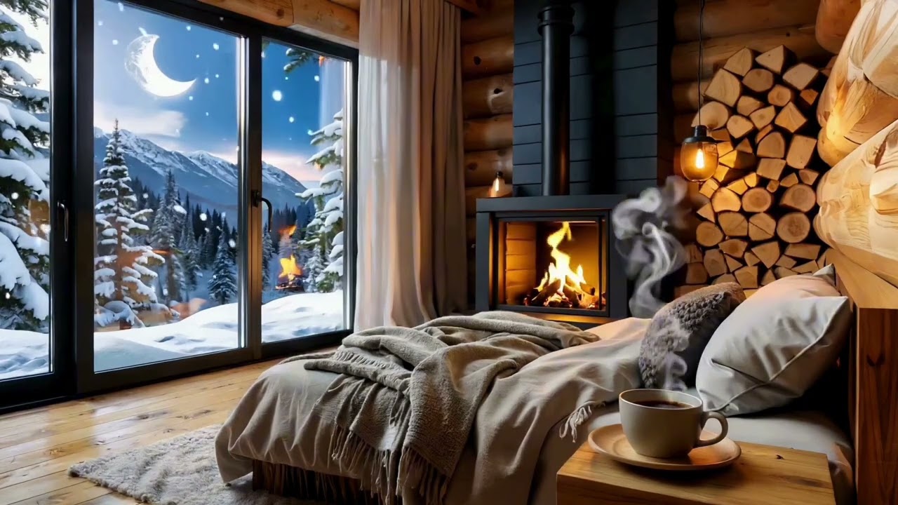 Cozy Winter Cabin Bedroom  Fireplace & Snowstorm Night Ambience