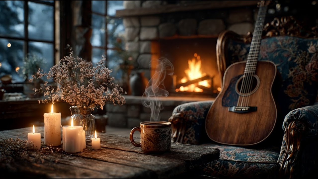 Relaxing Acoustic Guitar to Unwind into Deep Calm | Cozy Candlelight & Fireplace (2 Hours)