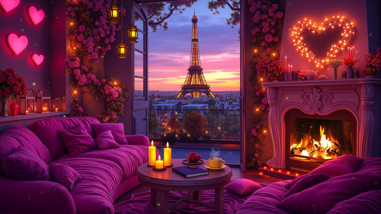 Cozy Pink Fireplace View of Eiffel Tower 💕 Romantic French Music in Paris Valentine&rsquo;s Day Ambience