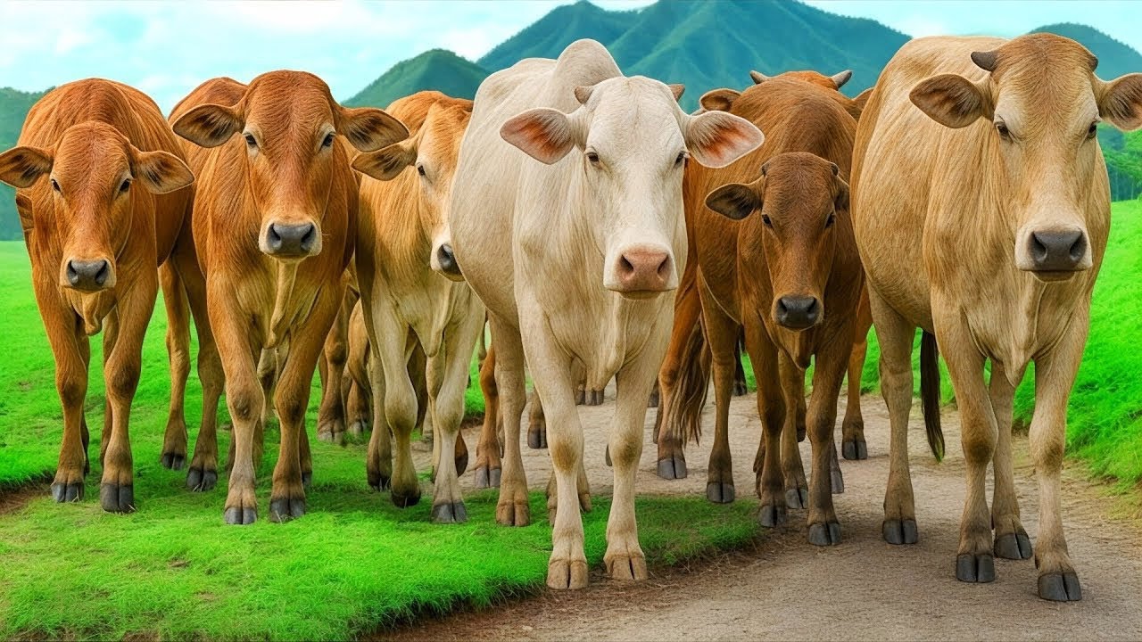 Gembala Kerumunan Sapi Lucu Yang berlari dan melompat Di ladang hijau, Suara Sapi Moo, Sapi merumput