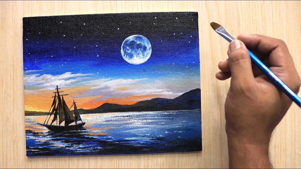 Acrylic painting of beautiful Moonlight night sky with ship step by step