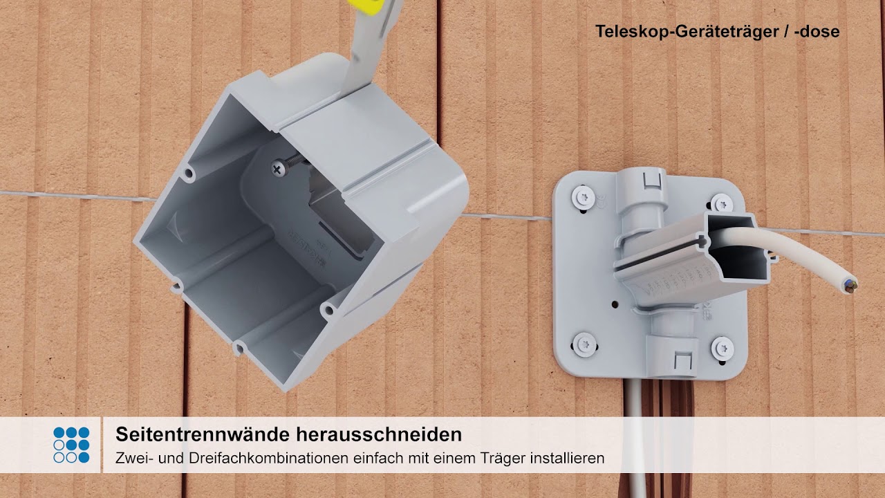 Teleskop-Geräteträger und -dose. Stabiler Halt an Wand und Decke.