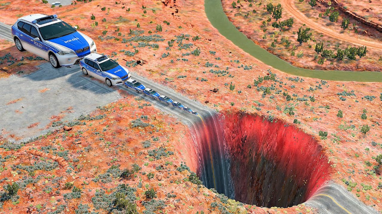 Giant & Small Police Cars vs Giant Pit &ndash; BeamNG.Drive