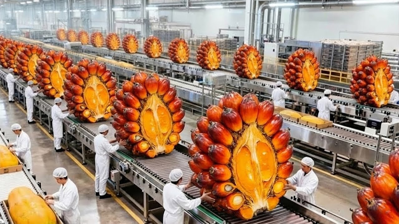 Tons of Oil Palm Fruit Harvesting by Automatic Machine - Palm Oil Processing in Factory