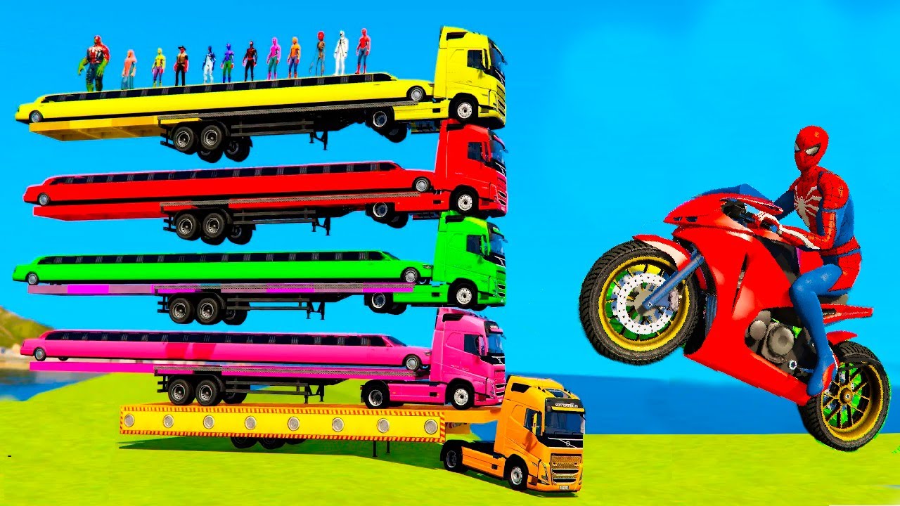 Transporting cars, Trucks, Bus Into Giant Trailer with Spiderman By ship, plane & train in GTA5