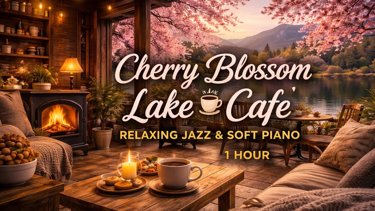 Cherry Blossom Lake Cafe ☕ Relaxing Jazz Piano Music for Study & Work (1 Hour)