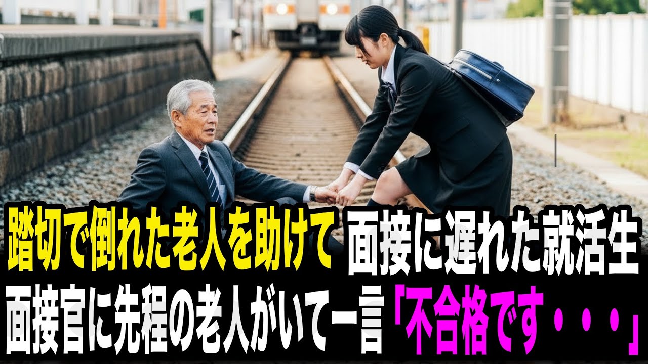 踏切で突然倒れて動けなくなった老人を助けて就職の最終面接に遅刻した女子大生。遅れて面接会場に着くと、面接官にさっきの老人が座っていて一言「あなたを不合格とします」