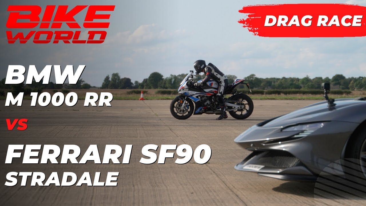 Bike World Vs Carwow Drag Race | BMW M 1000 RR Vs 1000hp Ferrari SF90 Stradale