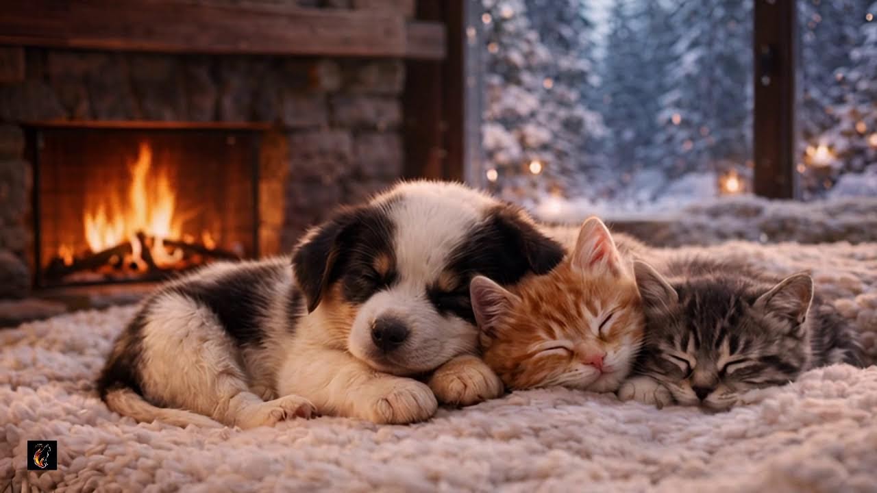 Sleeping Puppy & Kittens by the Fireplace 🐶🐾🔥 Cozy Purring & Gentle Fire Sounds for Deep Sleep