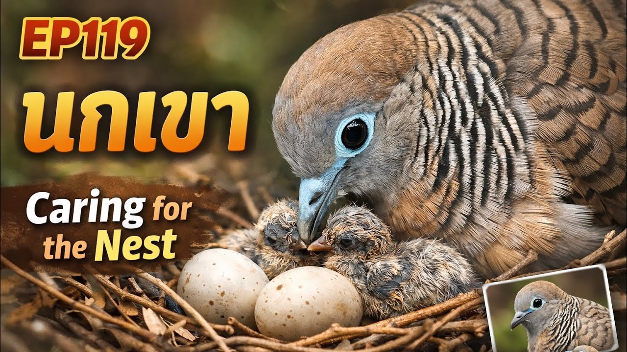 EP119 นกเขา This close-up footage captures the intimate moments of a Zebra Dove tending to its nest.