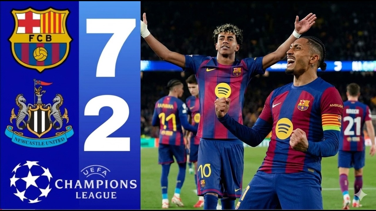 Barcelona vs Newcastle 7-2  — Highlights   All Goals   Raphinha Hattrick   Champions League.