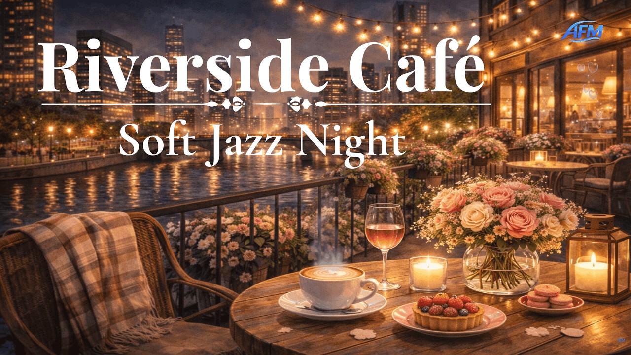 Cozy Riverside Café Ambience | Soft Jazz & Warm Evening Lights