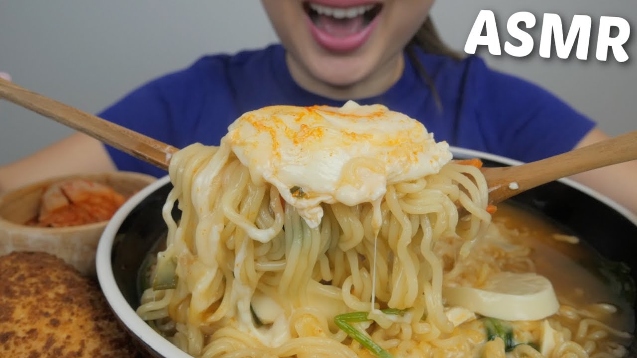 ASMR KOREAN SPICY TOFU Noodles with Eggs and Mozzarella Corndog *NO Talking Eating Sounds | N.E