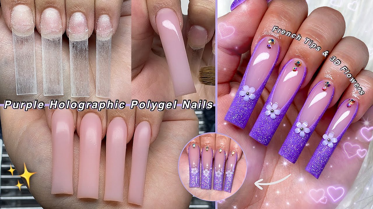 PURPLE HOLOGRAPHIC POLYGEL NAILS💜 HOW TO FRENCH TIP & 3D FLOWER CHARMS DESIGN! | Nail Tutorial