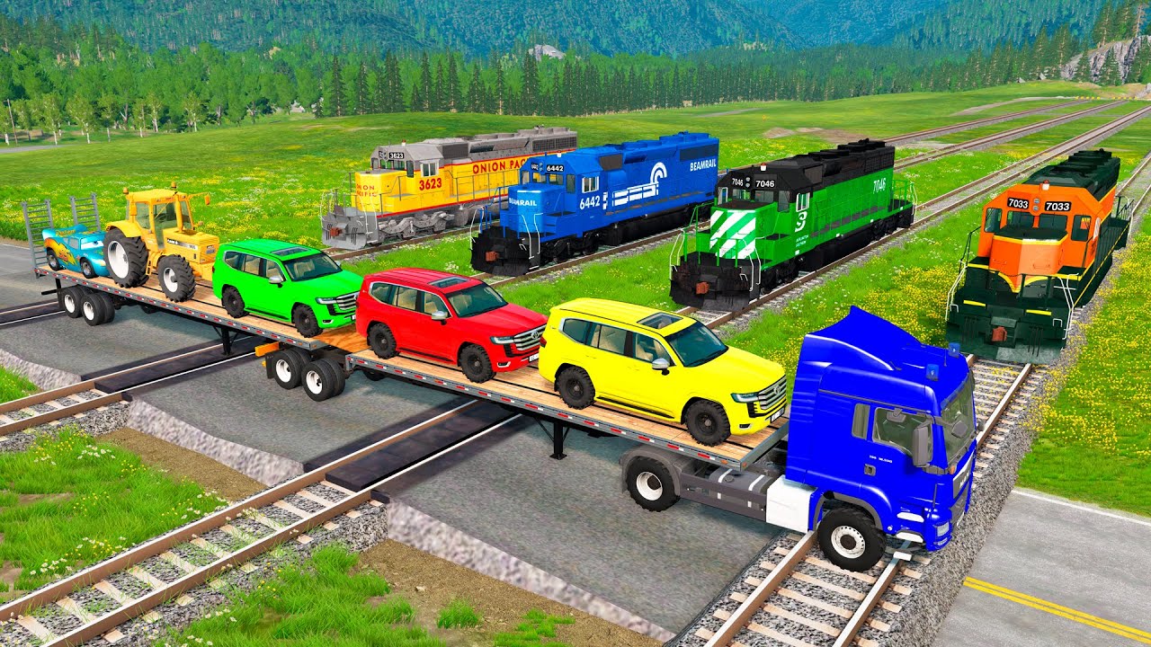 Flatbed Trailer McQueen Transportation with Truck - Speedbumps vs Cars vs Train - BeamNG.Drive #124