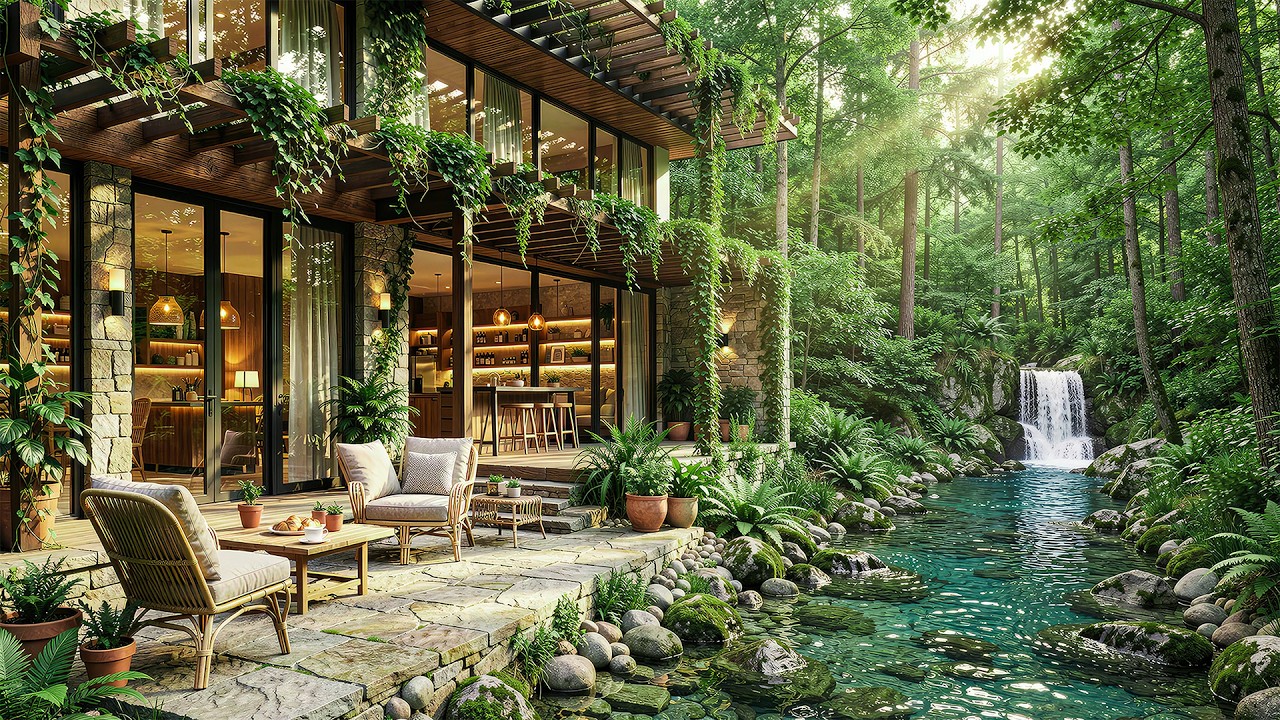 Tranquil Forest Waterfall Morning ☕ Cozy Nature Café Ambience with Gentle Jazz for Study, Deep Focus